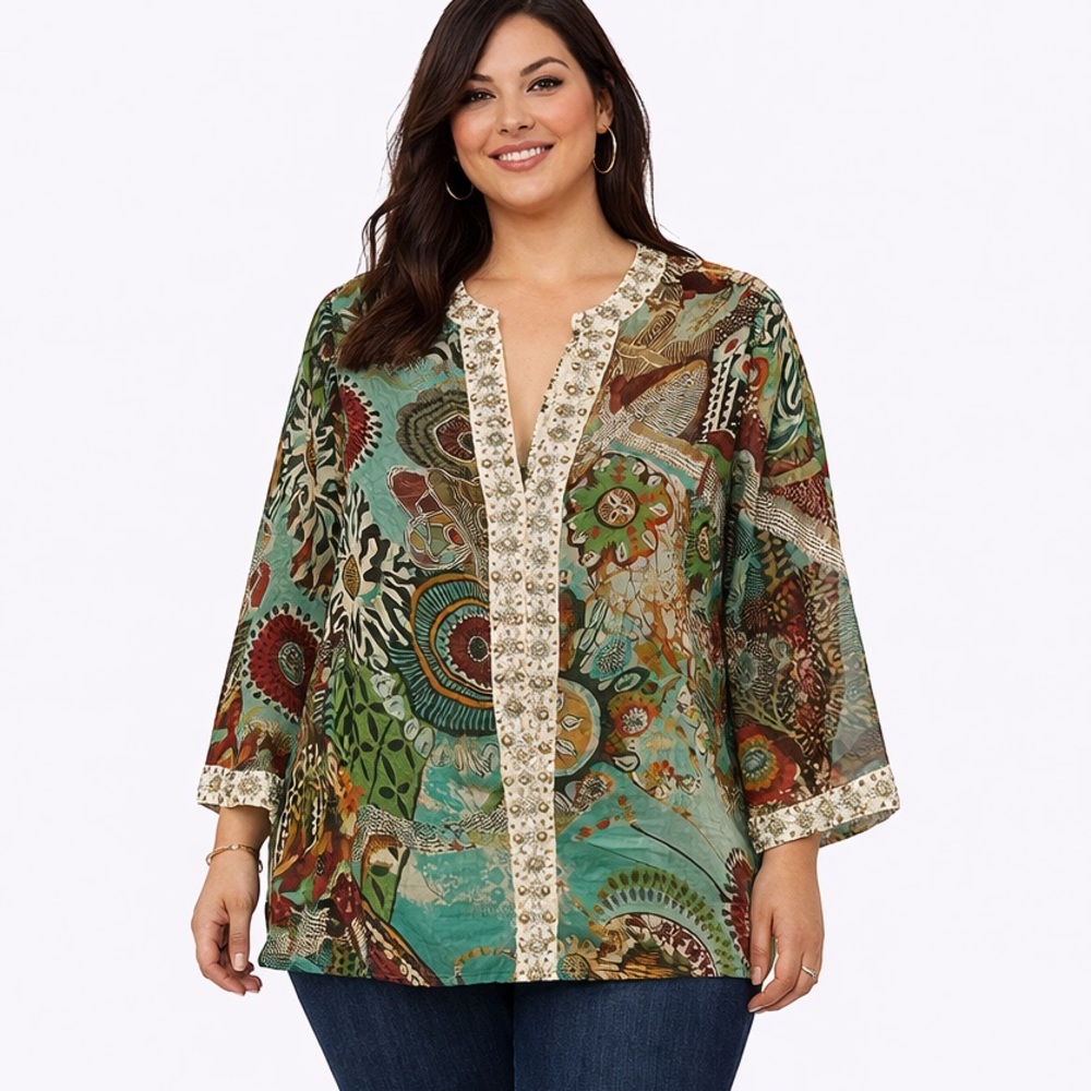 Boho Sheer Tunic Beaded V Neck Floral Print Blouse Size 1 X